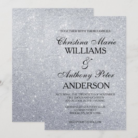 Elegant Silver Glitter Wedding Uitnodiging (Voorkant / Achterkant)