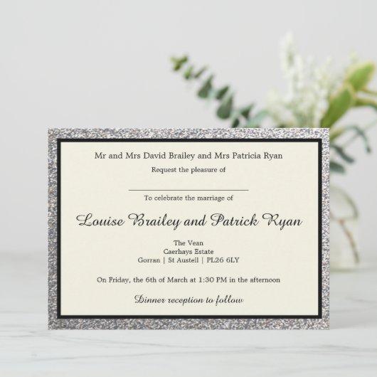 Elegant Silver Glitter Wedding Uitnodiging (Staand voorkant)