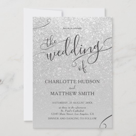Elegant Silver Glitter Wedding Uitnodiging (Voorkant)