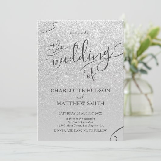Elegant Silver Glitter Wedding Uitnodiging (Staand voorkant)