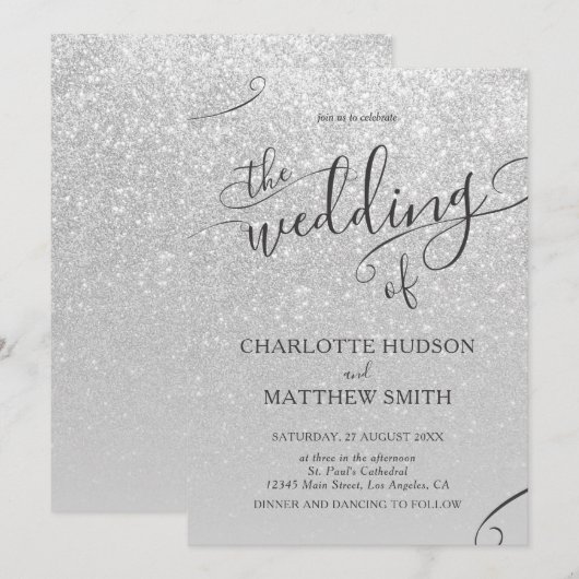 Elegant Silver Glitter Wedding Uitnodiging (Voorkant / Achterkant)