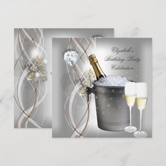 Elegant Silver Gold Champagne Birthday Party Kaart (Voorkant / Achterkant)