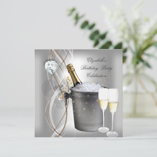 Elegant Silver Gold Champagne Birthday Party Kaart (Staand voorkant)
