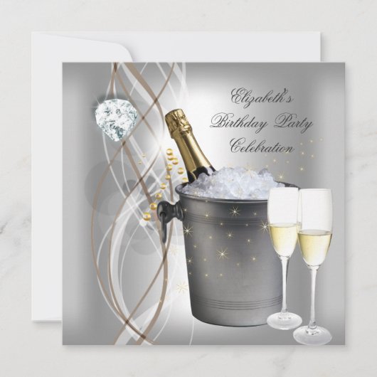 Elegant Silver Gold Champagne Birthday Party Kaart (Voorkant)