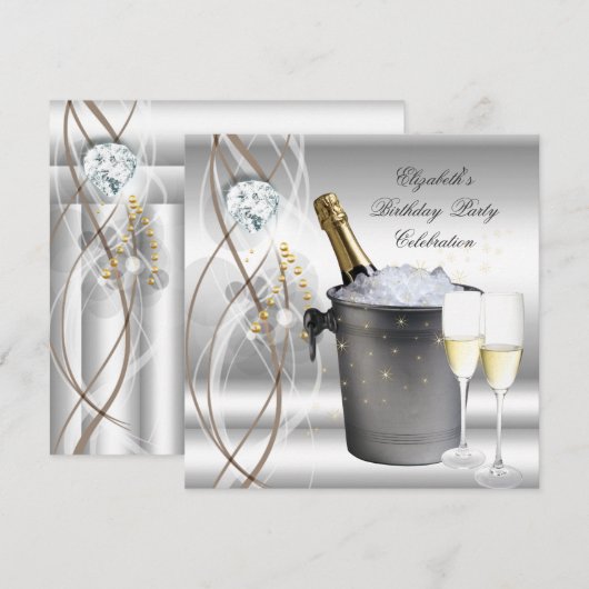 Elegant Silver Gold Champagne Birthday Party Kaart (Voorkant / Achterkant)