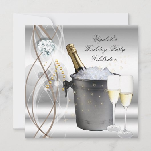 Elegant Silver Gold Champagne Birthday Party Kaart (Voorkant)