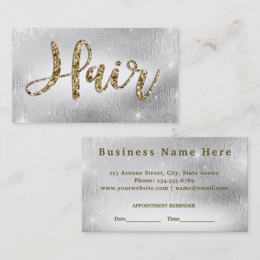 Elegant Silver / Gold Glam Haarstylist Appointment Afsprakenkaartje (Voorkant / Achterkant)