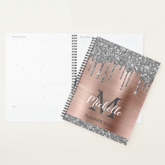 Elegant Silver Gold Glitter Drips Monogram 2022 Planner (Display)