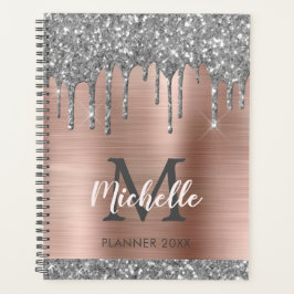 Elegant Silver Gold Glitter Drips Monogram 2022 Planner