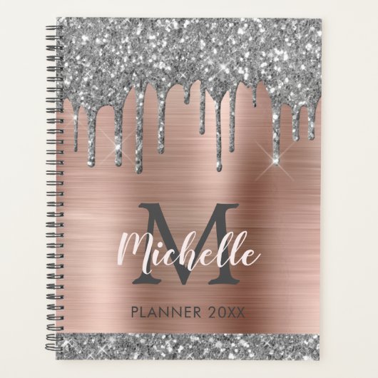 Elegant Silver Gold Glitter Drips Monogram 2022 Planner (Voorkant)