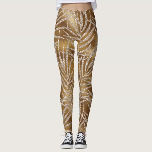 Elegant Silver Gold Glitter Foliage Pattern Chic Leggings (Voorkant)