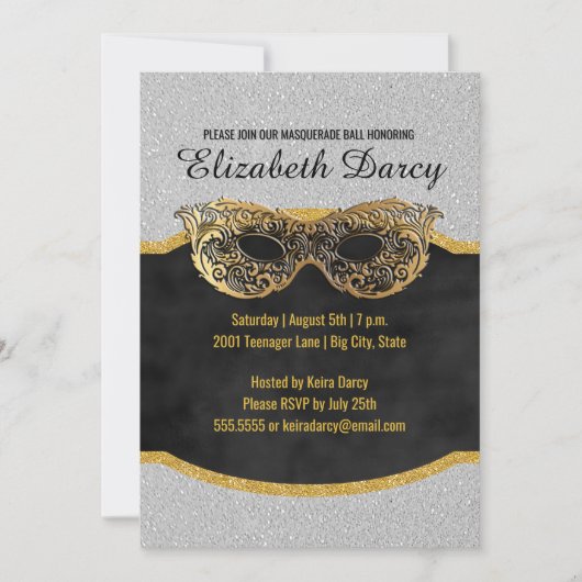 Elegant Silver Gold Glitter Masquerade Party Fancy Kaart (Voorkant)