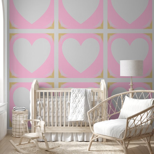 Elegant Silver Gold Heart & Half & Star Pink Tegel Behang (Kinderen)
