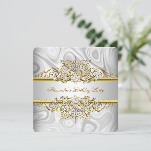 Elegant Silver Gold Lace Diamond Birthday Party Kaart (Staand voorkant)