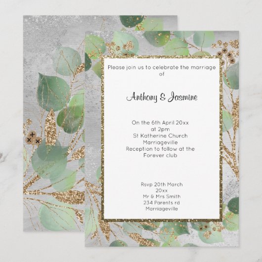 ELEGANT SILVER GOLD MARBLE BOTANICAL 2 INVITATION KAART (Voorkant / Achterkant)