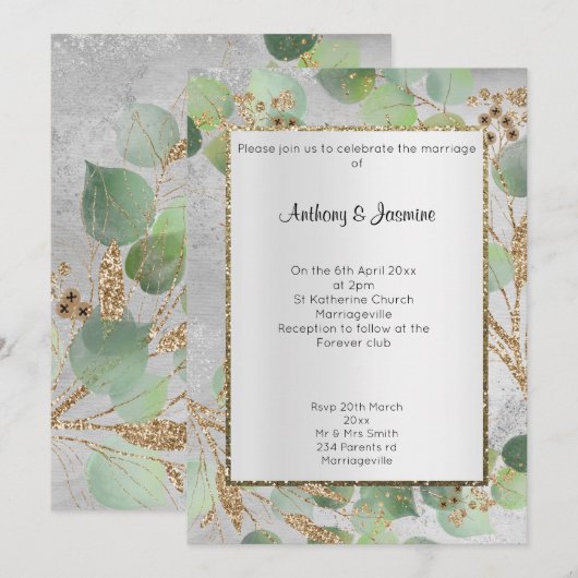 ELEGANT SILVER GOLD MARBLE BOTANICAL INVITATION KAART (Voorkant / Achterkant)