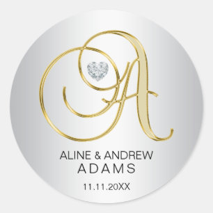 Elegant Silver Gold Monogrammed Wedding Ronde Sticker