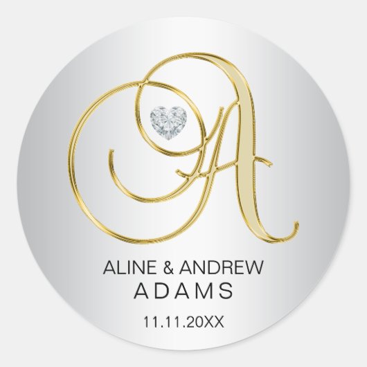 Elegant Silver Gold Monogrammed Wedding Ronde Sticker (Voorkant)