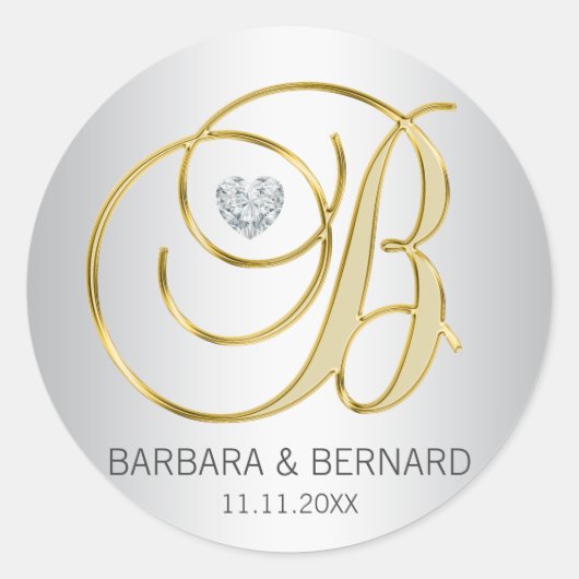 Elegant Silver Gold Monogrammed Wedding Ronde Sticker (Voorkant)