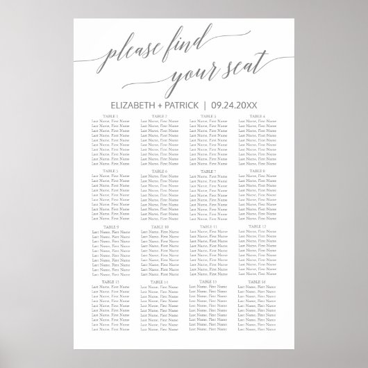 Elegant Silver Gray Calligraphy Seat Chart Poster (Voorkant)