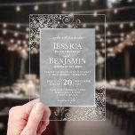 Elegant Silver Gray Curls Stylish Text Wedding Acryl Uitnodigingen<br><div class="desc">Invite your loved ones to share in your joy on your wedding day with these gorgeous acrylic invitations. The stylish silver and gray design features your names prominently displayed in block letters while the introduction and other notes feature fancy script calligraphy with swashes on the ends of the letters. The...</div>