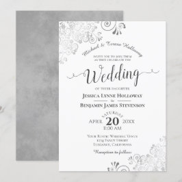 Elegant Silver Gray Lace Formal White Wedding Kaart