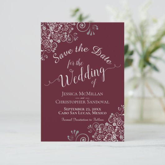 Elegant Silver Gray Lace Frills Bourgogne Weddensc Save The Date (Staand voorkant)