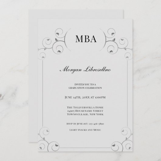 Elegant Silver Gray MBA Graduation Party Kaart (Voorkant / Achterkant)