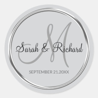 Elegant Silver Gray Monogrammed Wedding Favor  Ronde Sticker