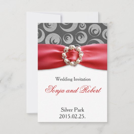 Elegant Silver Gray Red Ribbon Wedding Invitation Kaart (Voorkant)
