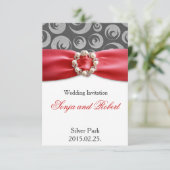 Elegant Silver Gray Red Ribbon Wedding Invitation Kaart (Staand voorkant)