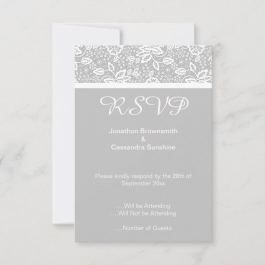ELEGANT SILVER GRAY WHITE LACE RSVP KAART (Voorkant)