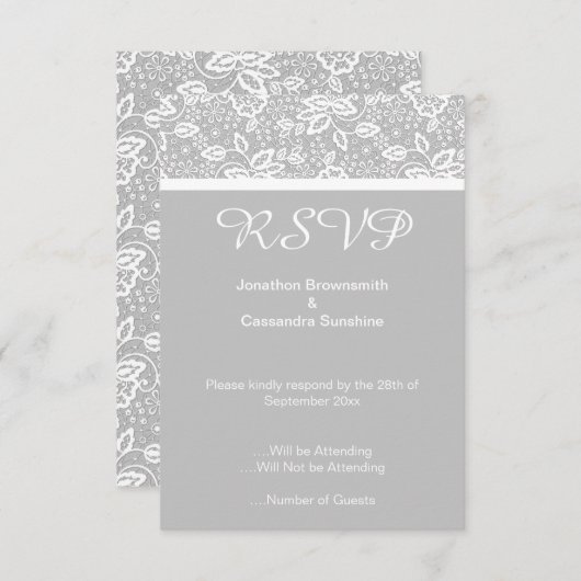 ELEGANT SILVER GRAY WHITE LACE RSVP KAART (Voorkant / Achterkant)
