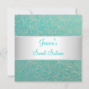 Elegant Silver Green Paisley Party Invitation Kaart