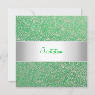 Elegant Silver Green Paisley Party Invitation Kaart