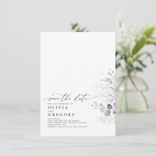 Elegant Silver Greenery bewaar de datum Aankondiging (Staand voorkant)