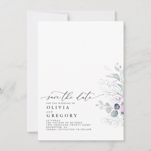 Elegant Silver Greenery bewaar de datum Aankondiging (Voorkant)