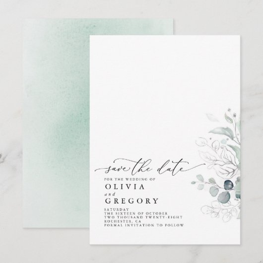 Elegant Silver Greenery sparen de Datum aankondigi Aankondiging (Voorkant / Achterkant)