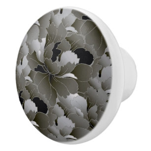 Elegant Silver Grey en Black Floral Keramische Knop