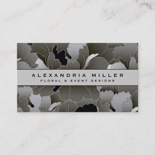 Elegant Silver Grey en Black Floral Visitekaartje (Voorkant)