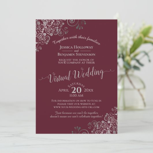 Elegant Silver Grey en Burgundy Virtual Wedding Kaart (Staand voorkant)