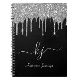 Elegant Silver Grey Glitter Drift Monogram Script Notitieboek