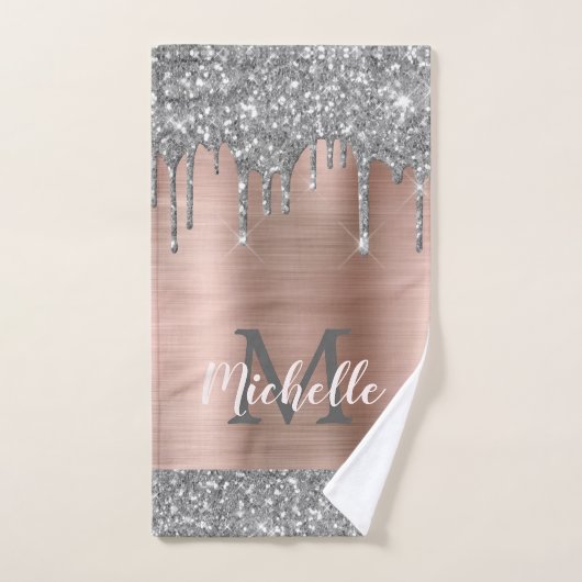 Elegant Silver Grey Glitter Drips Monogramed Bad Handdoek (Handdoek)