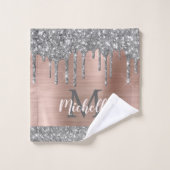 Elegant Silver Grey Glitter Drips Monogramed Bad Handdoek (Wasdoekje)