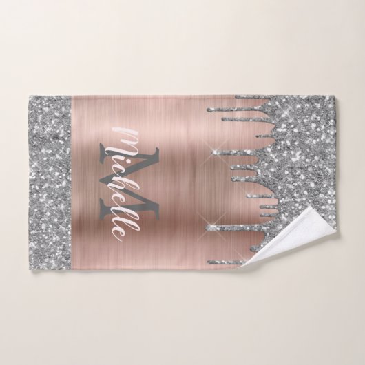 Elegant Silver Grey Glitter Drips Monogramed Bad Handdoek (Handdoek)