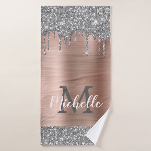 Elegant Silver Grey Glitter Drips Monogramed Badhanddoek (Badhanddoek)