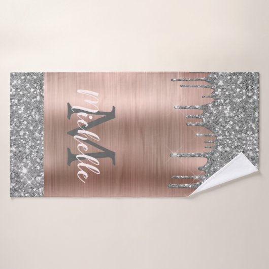 Elegant Silver Grey Glitter Drips Monogramed Badhanddoek (Badhanddoek)