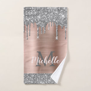 Elegant Silver Grey Glitter Drips Monogramed Handdoek