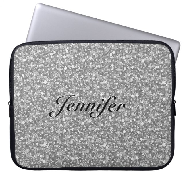 Elegant Silver Grey Glitter & Sparkles 2-Monogram Laptop Sleeve (Voorkant)