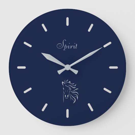 Elegant Silver Grey Horse Silhouette op Navy Blue Grote Klok (Voorkant)